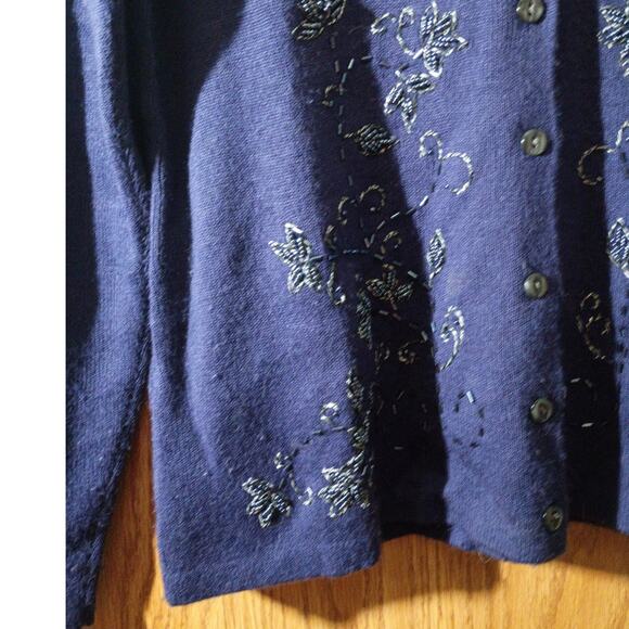 Vtg Petite Sophisticate Beaded Cardigan S Navy Old Money Classic Hong Kong Wool - Picture 3 of 10